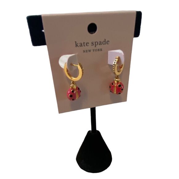 Kate spade beautiful red, black, gold & pave crystal ladybug huggie hoops. - Picture 2 of 6